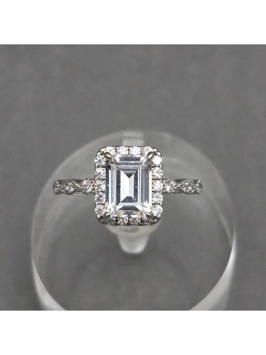 Unbranded Jewelry - Emerald Cut Halo CZ Statement Ring Sterling Silver Prong Set Size 7.5 Cocktail